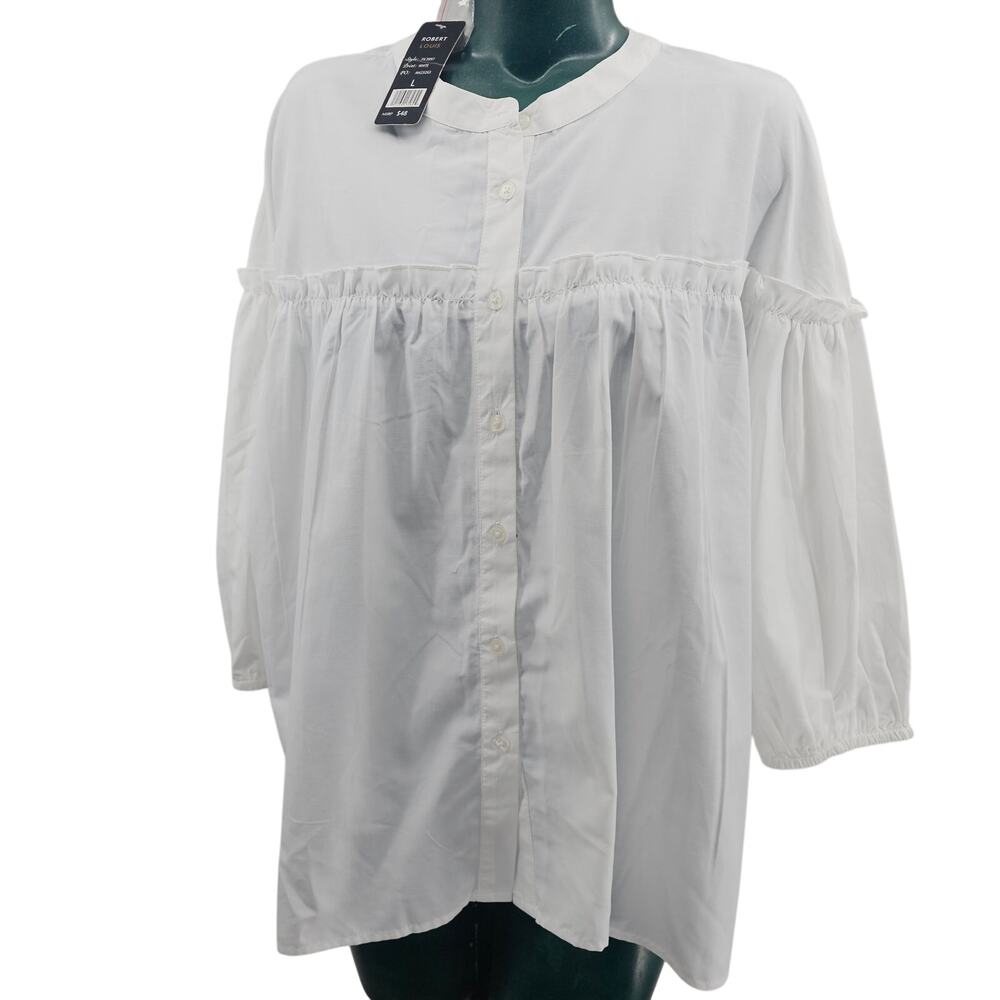 NEW Robert Louis White Button Peasant Blouse Top Women's Size L 3365